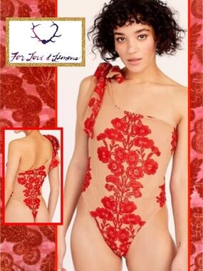 NWT For Love & Lemons Temecula one shoulder bodysuit Red Small Embroidered